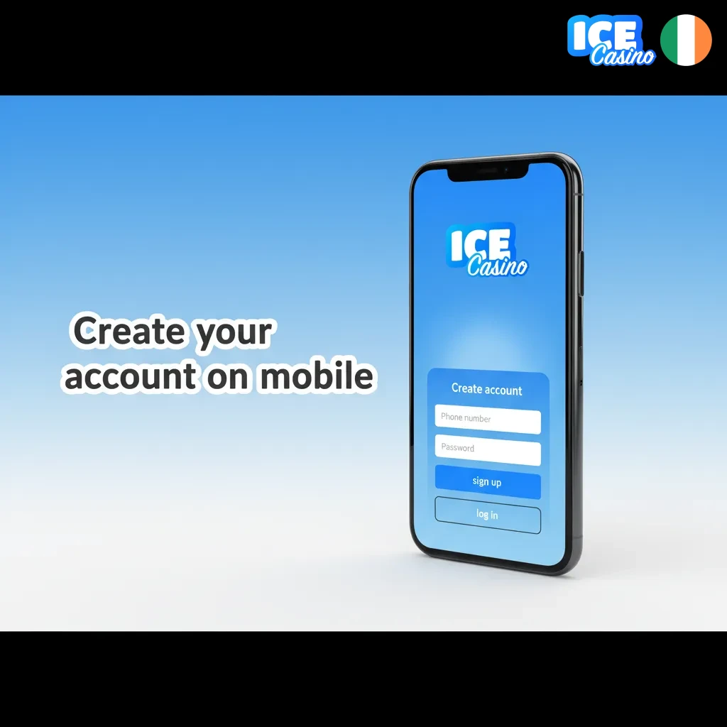 Ice Casino mobile signup screen with phone, email, socials, one-click options.
