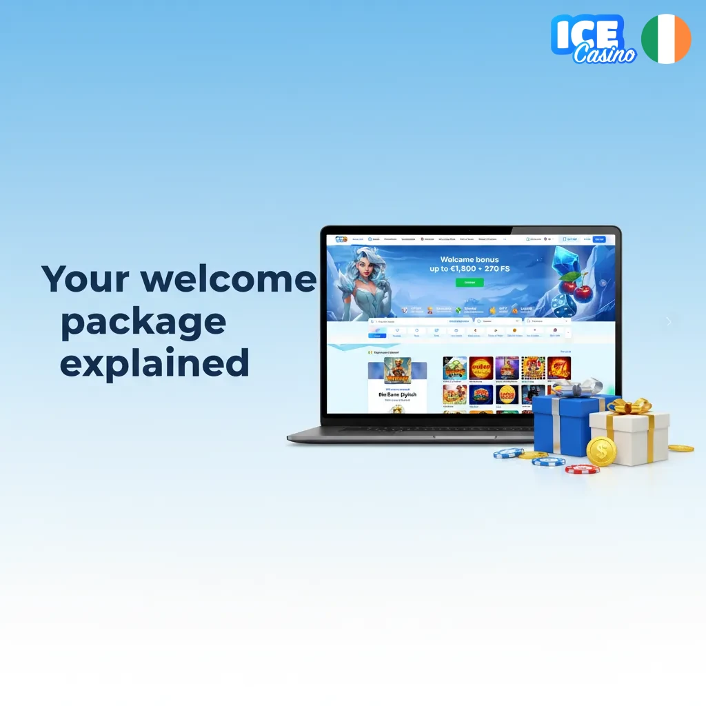 Ice Casino welcome package – 4 deposits, €10 min, +375% bonus, 220 Free Spins, 40x wagering, 5-day validity.