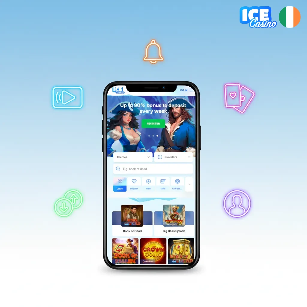 Inside the Ice Casino app – live betting, slots, cash out, quick deposits and notifications.